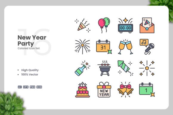 New Year Party Colored Icons: A Versatile Design Resource for Creative Projects