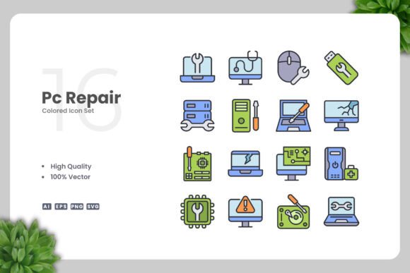 Pc Repair Colored Icons: A Versatile Design Solution for Digital and Print Media